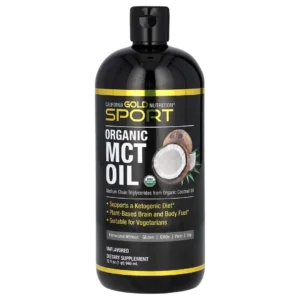 Frasco de Aceite MCT Orgánico California Gold Nutrition SPORT, 946 ml. Combustible cerebral y corporal para dieta keto. Compra online Suplenet Colombia.