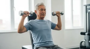Hombre mayor de 65 años realizando press de hombros con mancuernas, como estrategia para combatir la resistencia anabólica y mantener la masa muscular.