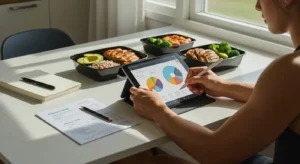 Persona planificando su ingesta de macronutrientes con una tablet y alimentos saludables, enfocada en sus objetivos fitness.