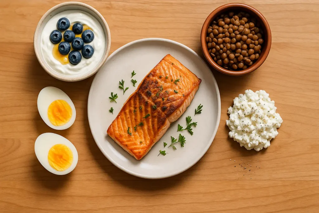 Bodegón de alimentos enteros ricos en proteína: salmón, yogur griego, huevos, lentejas y queso cottage, como alternativas a los batidos.
