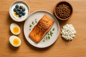 Bodegón de alimentos enteros ricos en proteína: salmón, yogur griego, huevos, lentejas y queso cottage, como alternativas a los batidos.