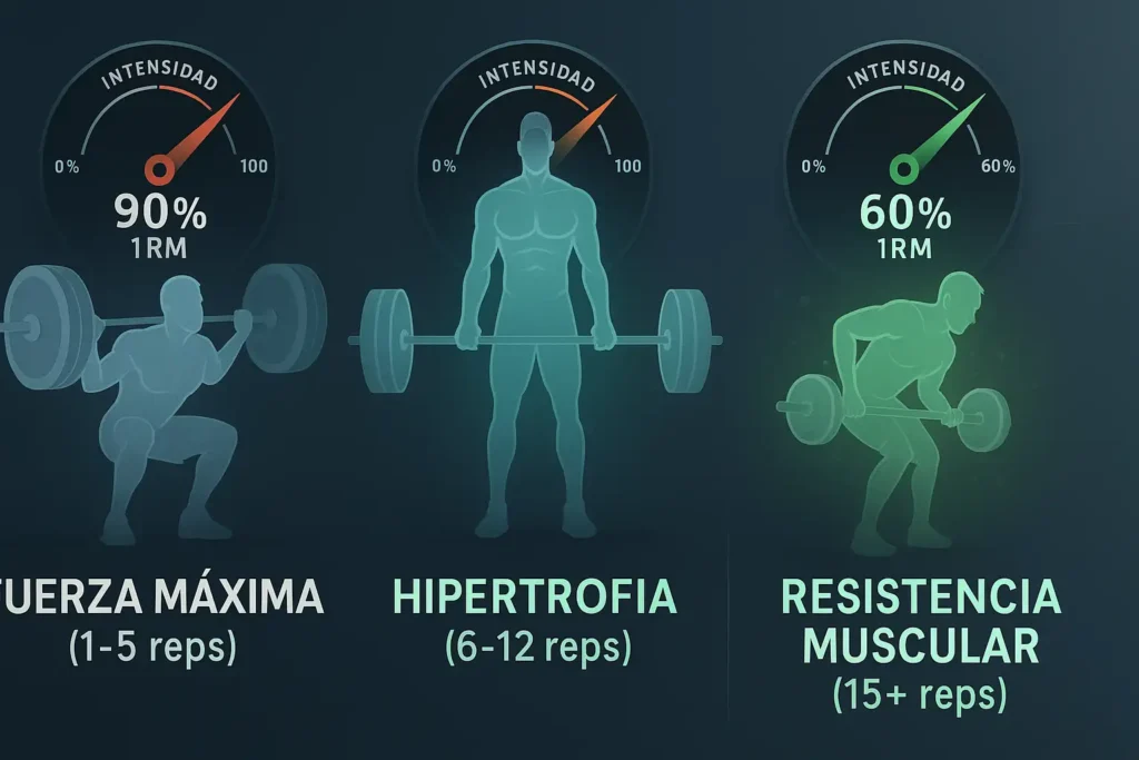 Aplicaciones del 1RM: Entrenando con Porcentajes para Tus Metas Infografía mostrando cómo se utilizan los porcentajes del 1RM para diferentes objetivos de entrenamiento: fuerza, hipertrofia y resistencia muscular.