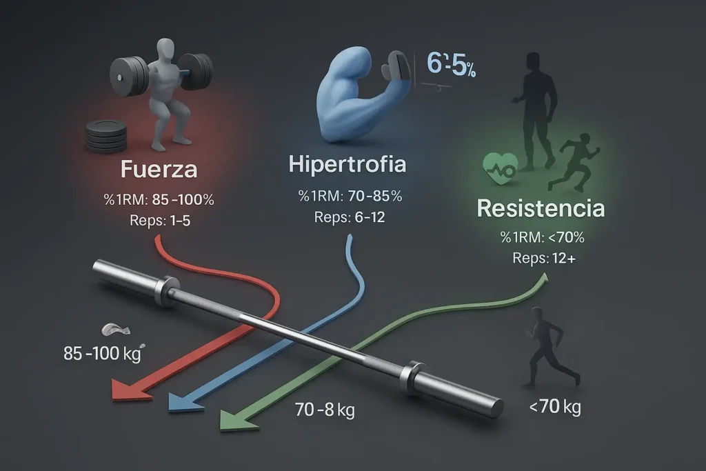 Infografía detallando cómo usar los porcentajes del 1RM para planificar el entrenamiento según los objetivos de fuerza, hipertrofia o resistencia muscular.