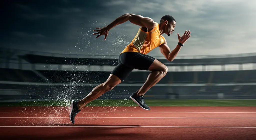 Atleta de alto rendimiento entrenando en zona 4 o 5, demostrando esfuerzo máximo y potencia.