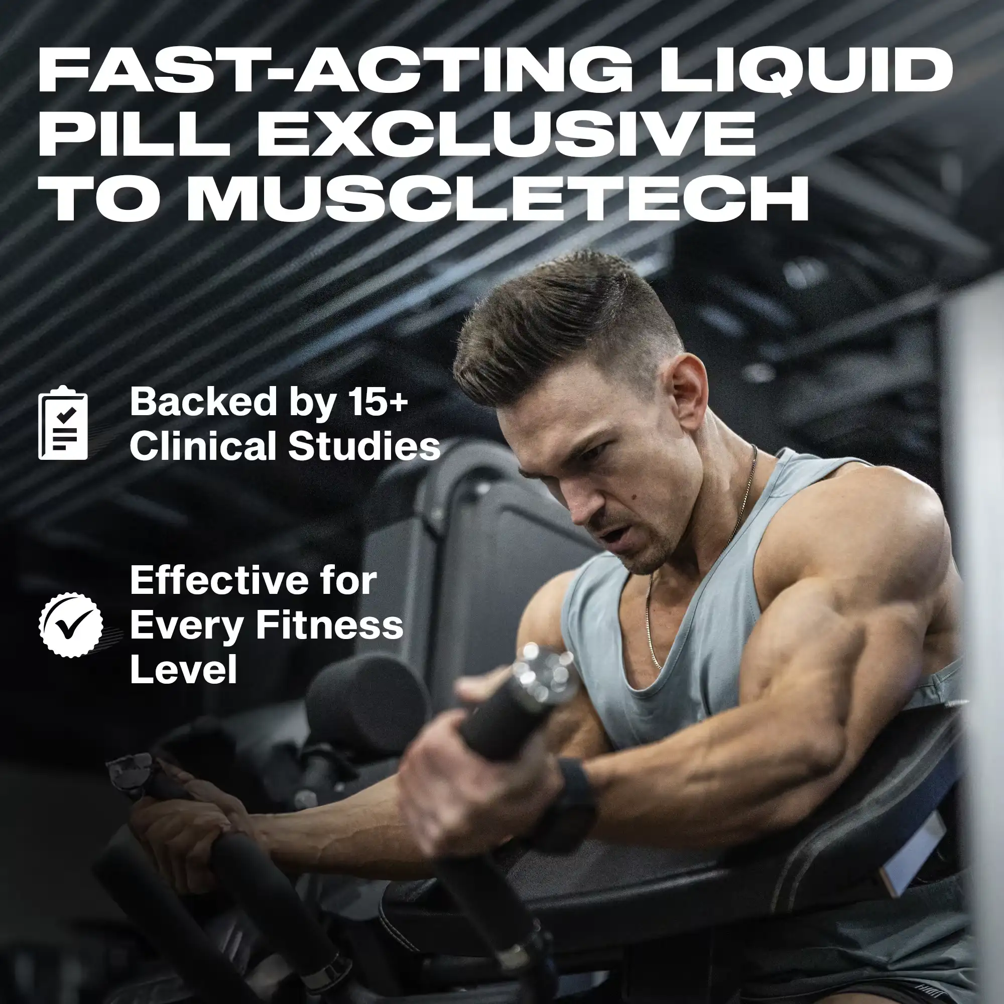 Modelo entrenando con beneficios de MuscleTech Clear Muscle: cápsula líquida de acción rápida, respaldado por más de 15 estudios clínicos, efectivo para todo nivel de fitness. Suplenet Colombia.