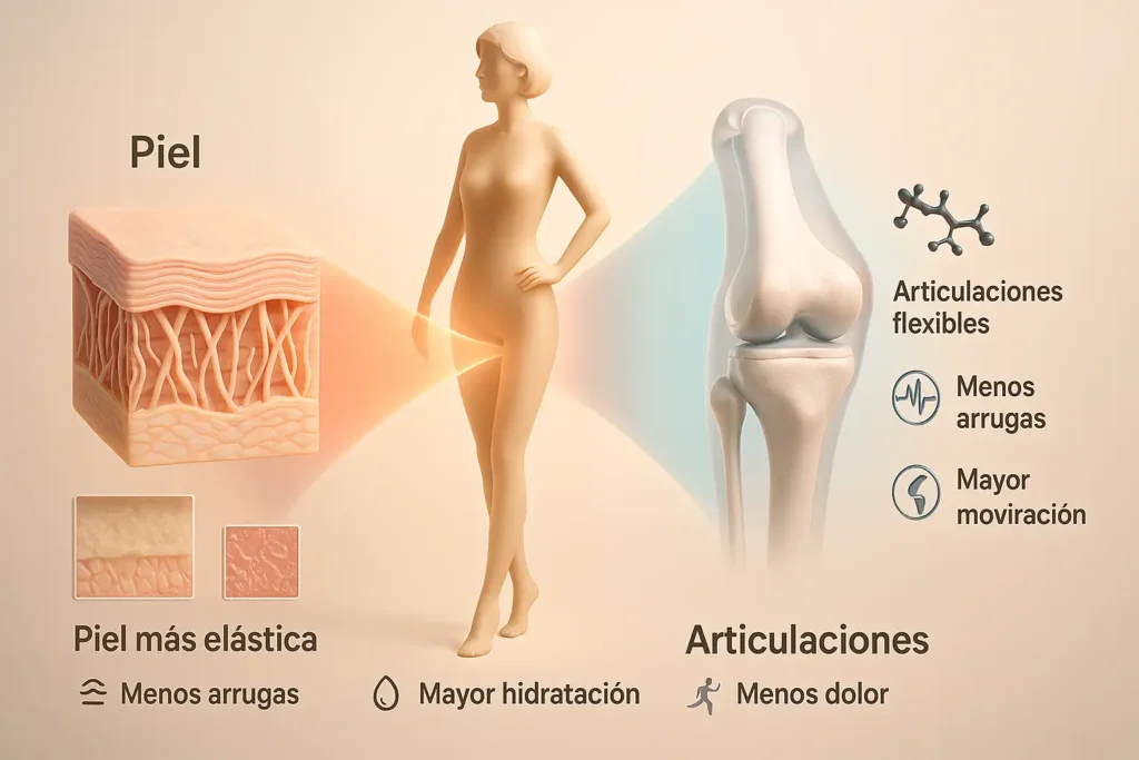 Infografía mostrando los beneficios del colágeno hidrolizado en la menopausia: mejora de la piel (elasticidad, arrugas) y salud articular (movilidad, menos dolor).