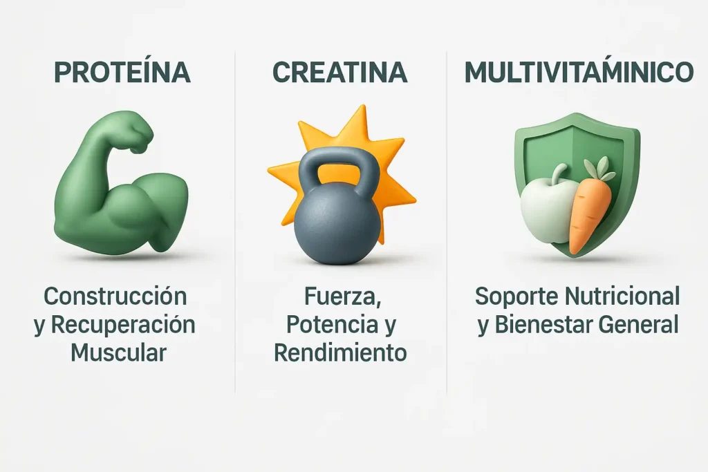 Infografía mostrando los beneficios principales de la proteína, la creatina y los multivitamínicos.