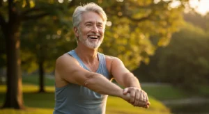 Persona sonriente y activa, representando el enfoque en el bienestar más allá del peso ideal.