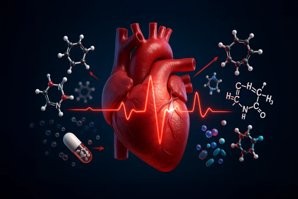Corazón humano con un trazado de ECG y moléculas de cafeína alrededor, ilustrando los efectos cardiovasculares de la cafeína.