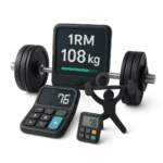 Calculadora de fuerza máxima estimada junto a barra con discos olímpicos