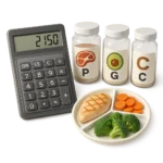 Calculadora nutricional con macros representados y plato balanceado