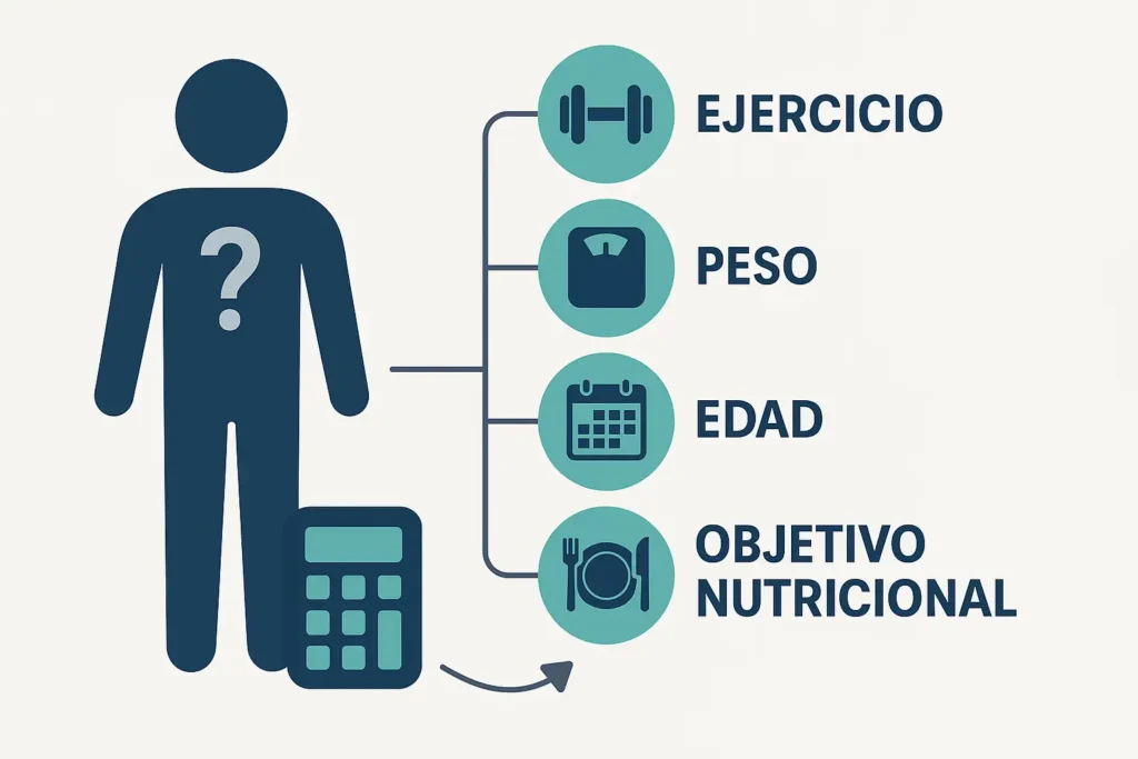 Calculando Tus Necesidades de Proteína Personalizadas Infografía mostrando los factores que influyen en el cálculo de las necesidades de proteína: actividad, peso, edad, objetivos.