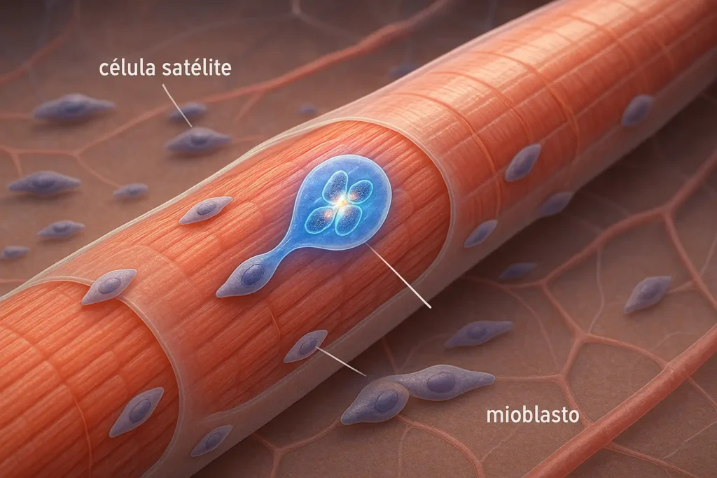 Ilustración 3D detallada de células satélite musculares activándose, proliferando y fusionándose con una fibra muscular.