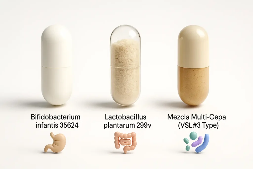 Tres cápsulas de probióticos con etiquetas de cepas específicas como Bifidobacterium infantis 35624, Lactobacillus plantarum 299v y una mezcla multi-cepa, relevantes para el SII.