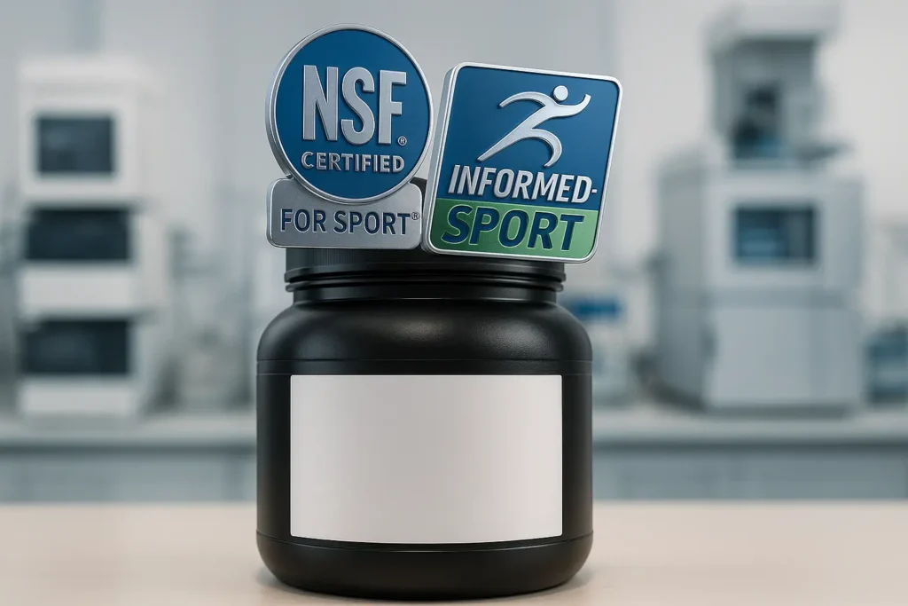 Envase de suplemento deportivo con los sellos de certificación NSF Certified for Sport e Informed-Sport, garantizando seguridad y ausencia de sustancias prohibidas.
