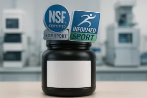 Envase de suplemento deportivo con los sellos de certificación NSF Certified for Sport e Informed-Sport, garantizando seguridad y ausencia de sustancias prohibidas.