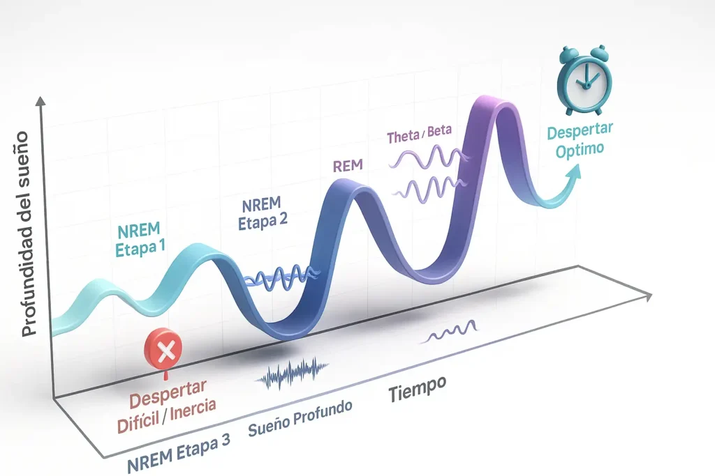 Diagrama detallado de un ciclo de sueño de 90 minutos, mostrando las etapas NREM y REM, y el impacto de despertar en diferentes fases.