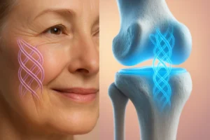 Primer plano de piel madura radiante y una articulación sana, ambas con una superposición de la estructura molecular del colágeno, representando los beneficios en la menopausia.