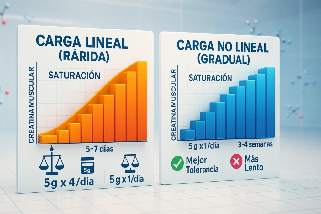 Carga de Creatina: Lineal vs. No Lineal - Dos Caminos Hacia la Saturación Gráficos comparando la velocidad de saturación muscular y los pros/contras de la carga de creatina lineal (rápida, 20g/día) versus no lineal (gradual, 5g/día).