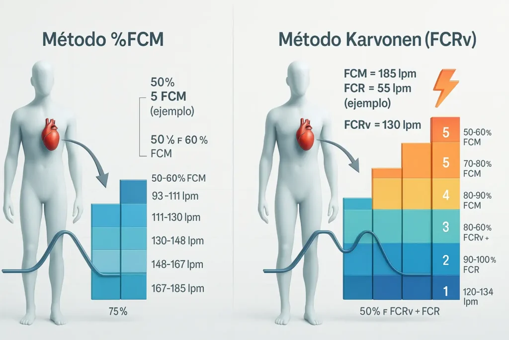 Comparación visual de cómo se calculan las zonas cardíacas usando el método del porcentaje de FCM versus la fórmula de Karvonen.