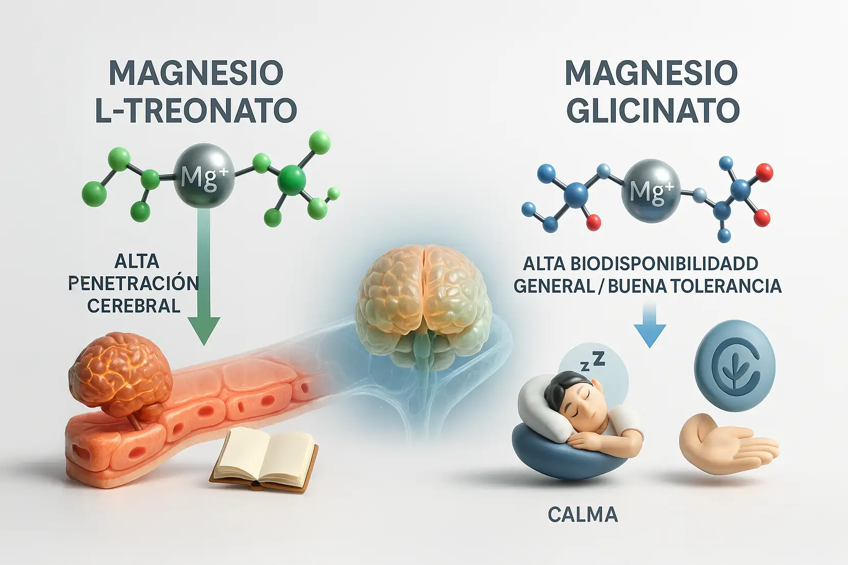 Comparación molecular y de beneficios del Magnesio L-Treonato (penetración cerebral, cognición) y Magnesio Glicinato (biodisponibilidad, calma, sueño).