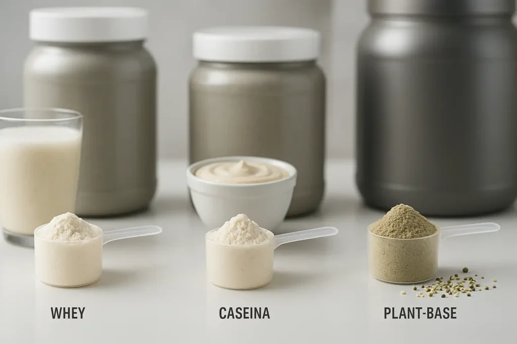 Comparación visual de proteína whey, caseína y proteína vegetal en polvo, mostrando sus texturas y usos.