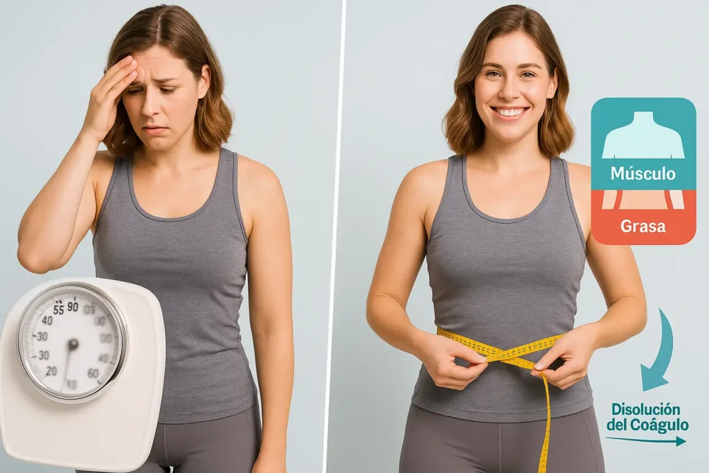 Comparativa entre la confusión de la báscula y la claridad de conocer la composición corporal para la salud.