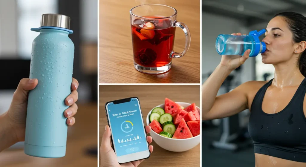 Collage de consejos para mantenerse hidratado: llevar botella, infusiones, comer frutas/verduras ricas en agua, usar recordatorios, beber post-ejercicio.