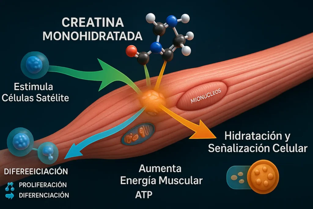 Infografía 3D mostrando los mecanismos moleculares de la creatina: estimulación de células satélite, aumento de ATP e hidratación celular para la hipertrofia.