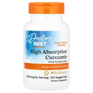 Frasco de Curcumina Alta Absorción Doctor's Best con BioPerine®, 1000 mg por porción, 120 cápsulas vegetales. Apoyo para salud articular. Compra online Suplenet Colombia.