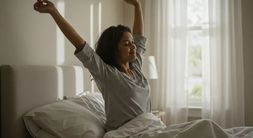 Mujer despertando sonriente y estirándose en su cama, sintiéndose renovada gracias a un sueño optimizado.