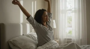 Mujer despertando sonriente y estirándose en su cama, sintiéndose renovada gracias a un sueño optimizado.