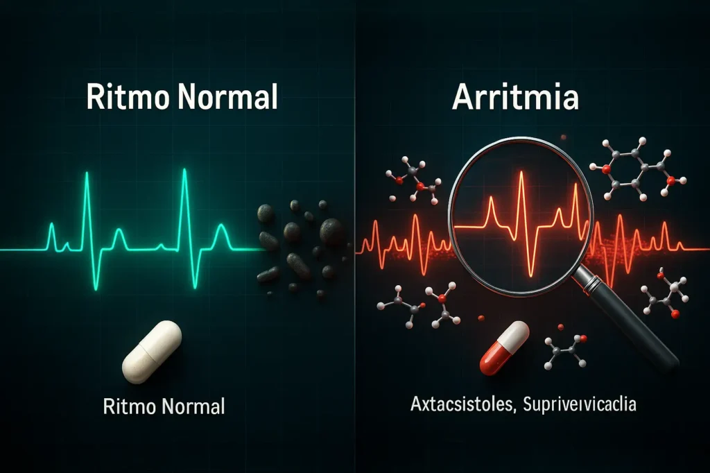 Comparación de un electrocardiograma (ECG) normal con un ECG mostrando arritmias, con la posible influencia de la cafeína.