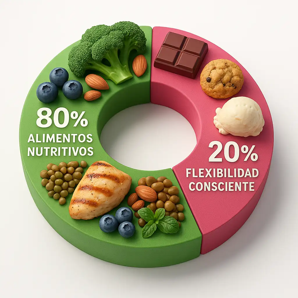 Gráfico de dona 3D mostrando el principio 80/20: 80% alimentos nutritivos e integrales, 20% alimentos placenteros de forma consciente.