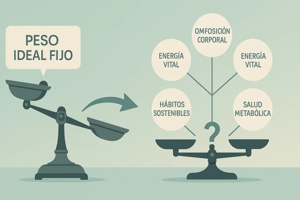 Evaluando Tu Salud: Más Allá del Peso Ideal y el IMC Comparación gráfica entre el concepto de 'peso ideal' y un enfoque integral de rango de peso saludable y bienestar.