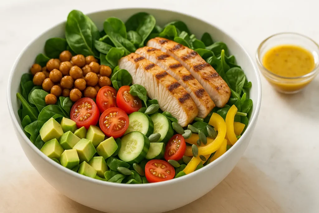 Ensalada abundante y colorida con trozos de pollo a la parrilla o garbanzos asados, como ejemplo de comida alta en proteína sin batidos.