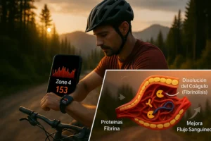 Atleta de resistencia monitorizando su frecuencia cardíaca con un reloj inteligente durante un entrenamiento intenso al aire libre.