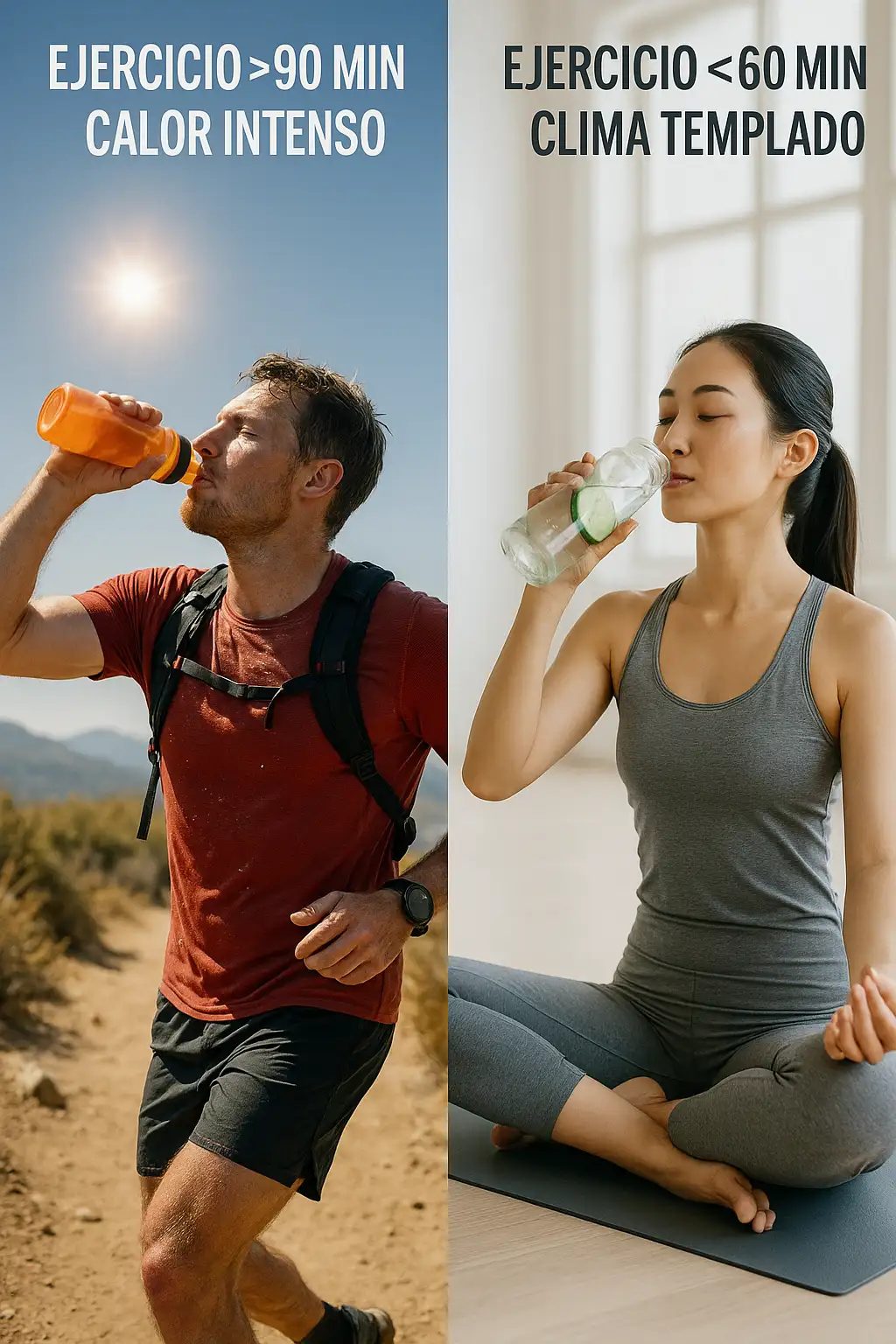 Comparación de un atleta de resistencia usando bebida deportiva en calor intenso versus una persona haciendo yoga bebiendo agua en clima templado.