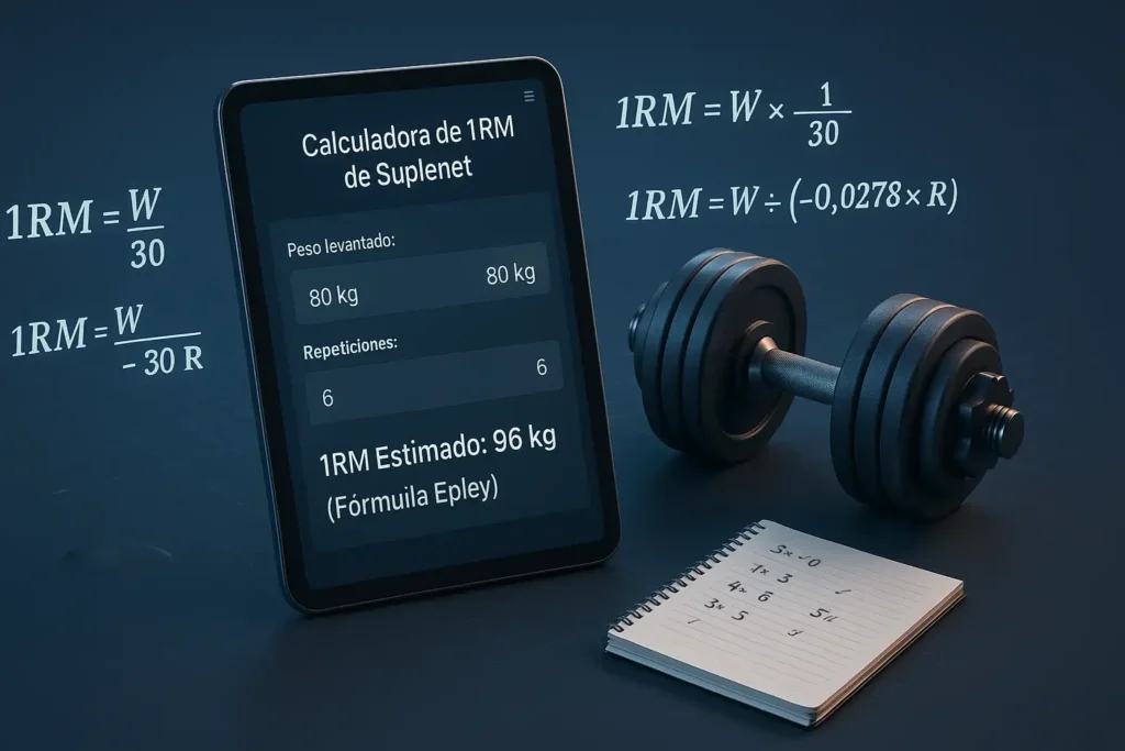 Tablet mostrando una calculadora de 1RM online con fórmulas de Epley y Brzycki, simbolizando la estimación indirecta de la fuerza.
