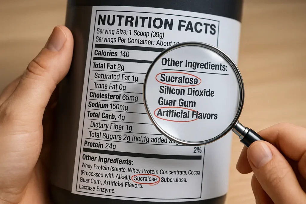 Mano con una lupa magnificando la lista de 'Otros Ingredientes' en una etiqueta de proteína en polvo, resaltando excipientes.