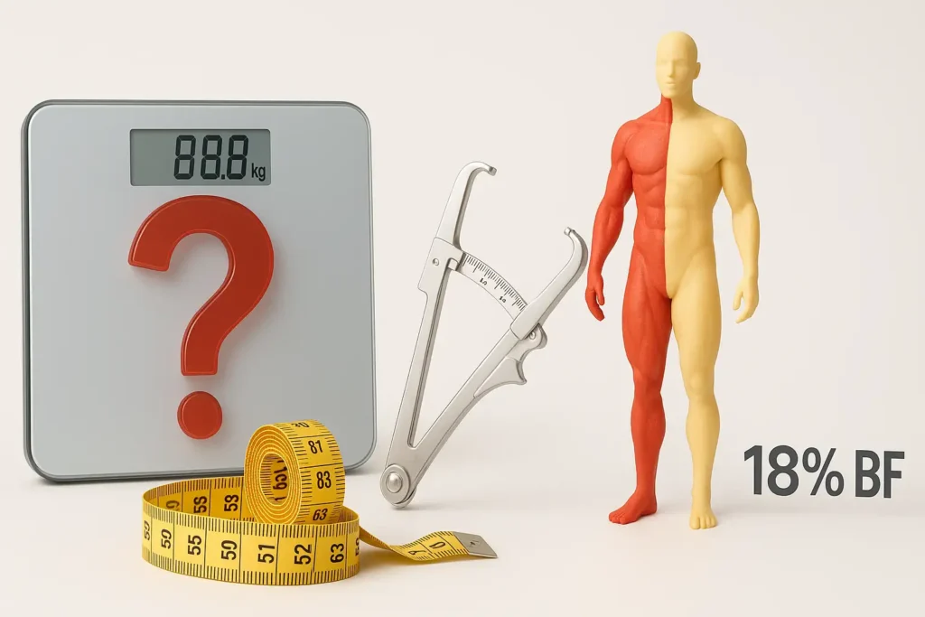 Comparación visual de herramientas de medición: báscula (IMC/Peso Ideal), cinta métrica y plicómetro, y una silueta mostrando porcentaje de grasa corporal.