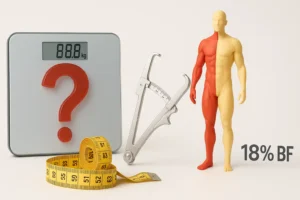 Comparación visual de herramientas de medición: báscula (IMC/Peso Ideal), cinta métrica y plicómetro, y una silueta mostrando porcentaje de grasa corporal.