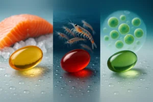 Comparación de cápsulas de Omega-3: aceite de pescado (ámbar), aceite de krill (rojo) y aceite de algas (verde/ámbar), con sus respectivas fuentes de origen.
