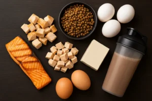Variedad de alimentos ricos en proteína como pescado, pollo, legumbres, huevos, tofu y suplemento de proteína.