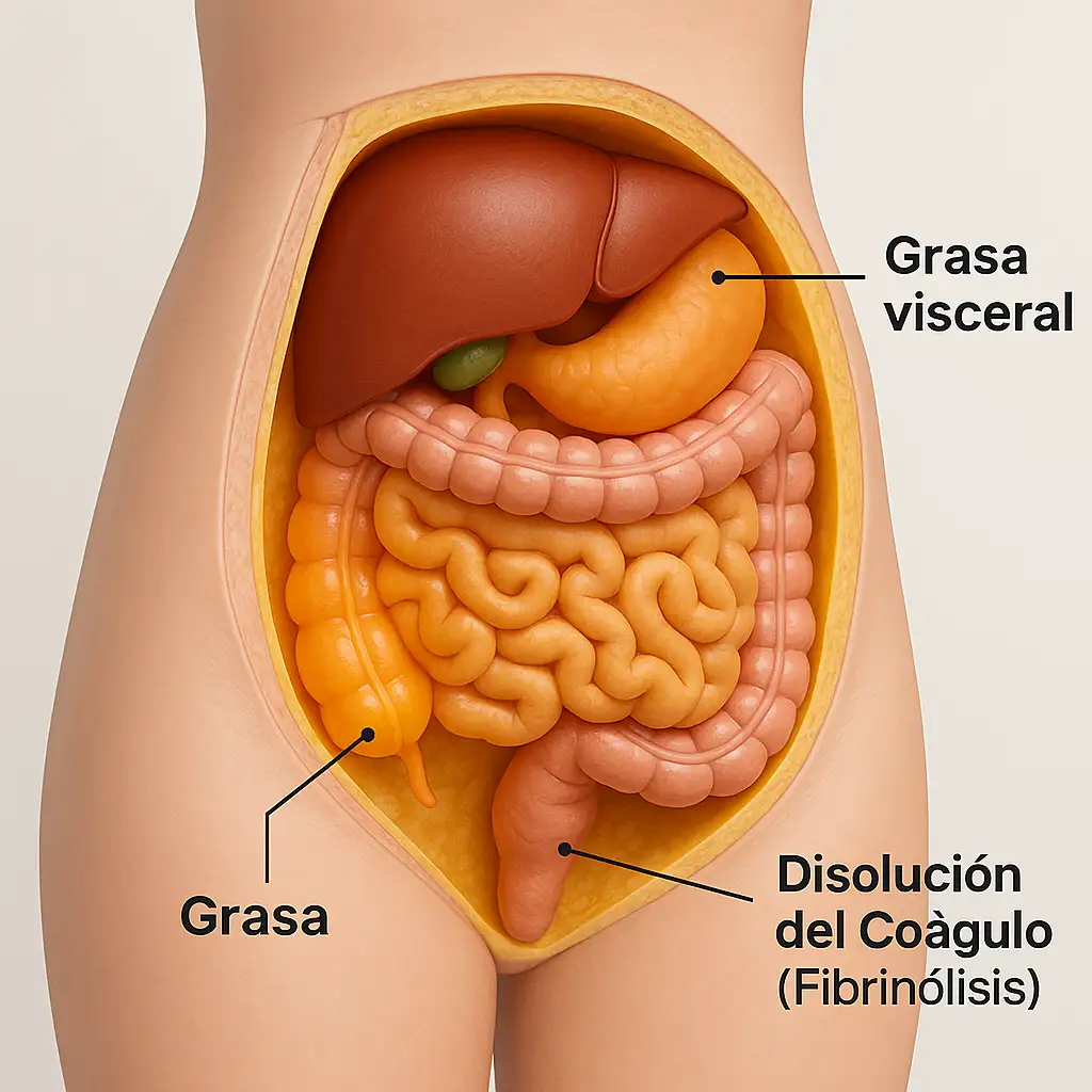 Grasa Visceral: Un Factor de Riesgo Interno para la Salud Metabólica Ilustración médica detallada de la grasa visceral y su ubicación peligrosa alrededor de los órganos internos.