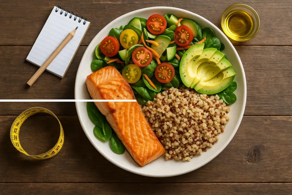 Plato equilibrado con fuentes de proteínas, carbohidratos y grasas saludables, representando los fundamentos de la nutrición.