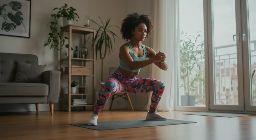 Mujer realizando una sentadilla pistol en casa, demostrando un ejercicio avanzado con peso corporal para sobrecarga progresiva.