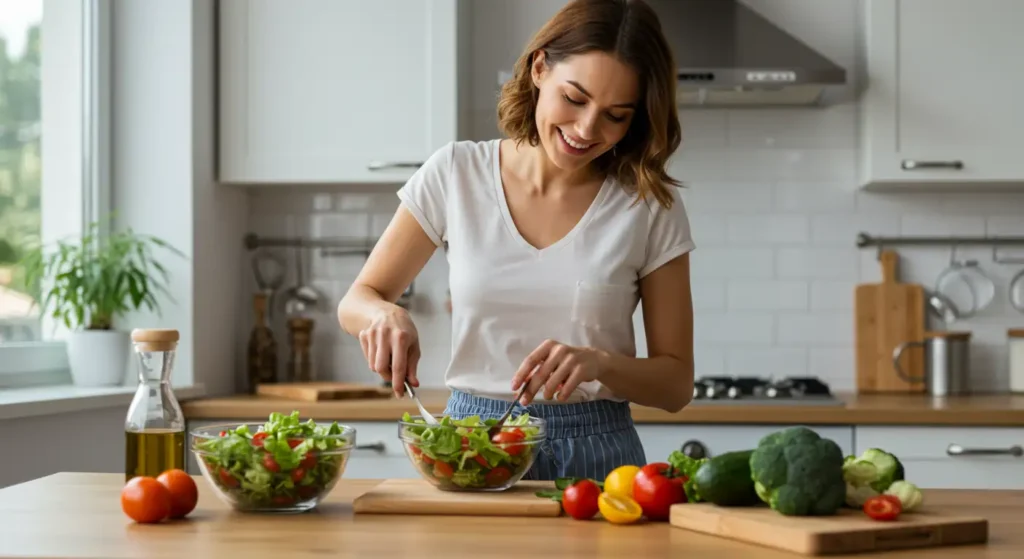 Persona sonriente y saludable integrando hábitos positivos como cocinar comida nutritiva.