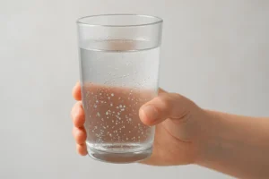 Vaso de agua pura y cristalina simbolizando la importancia esencial de la hidratación para la salud.