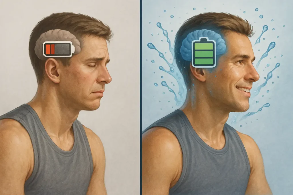Comparación visual del impacto de la deshidratación vs. la hidratación óptima en la función cerebral y el rendimiento físico.